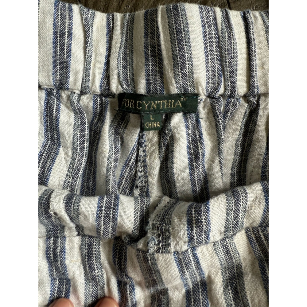 For Cynthia Pants Size L White Blue Striped Linen Blend - Picture 4 of 7